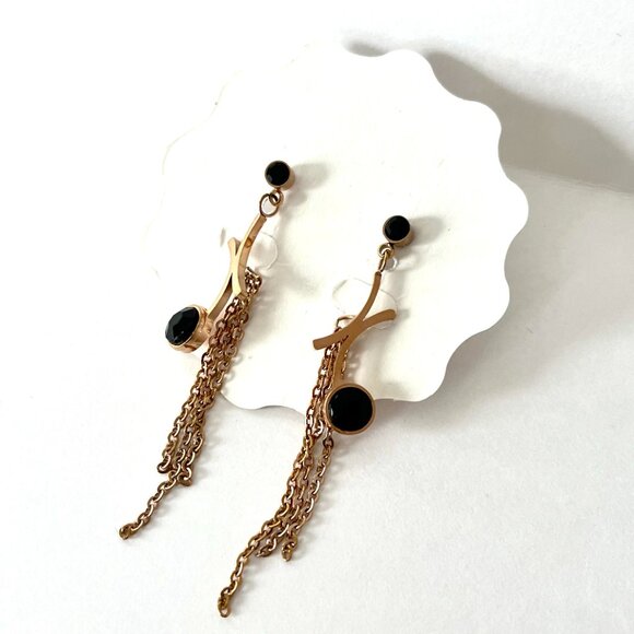 Dangle/Drop Earrings Women's Fashion Gold Tone Black Stone Unique Statement Chic - Picture 5 of 6